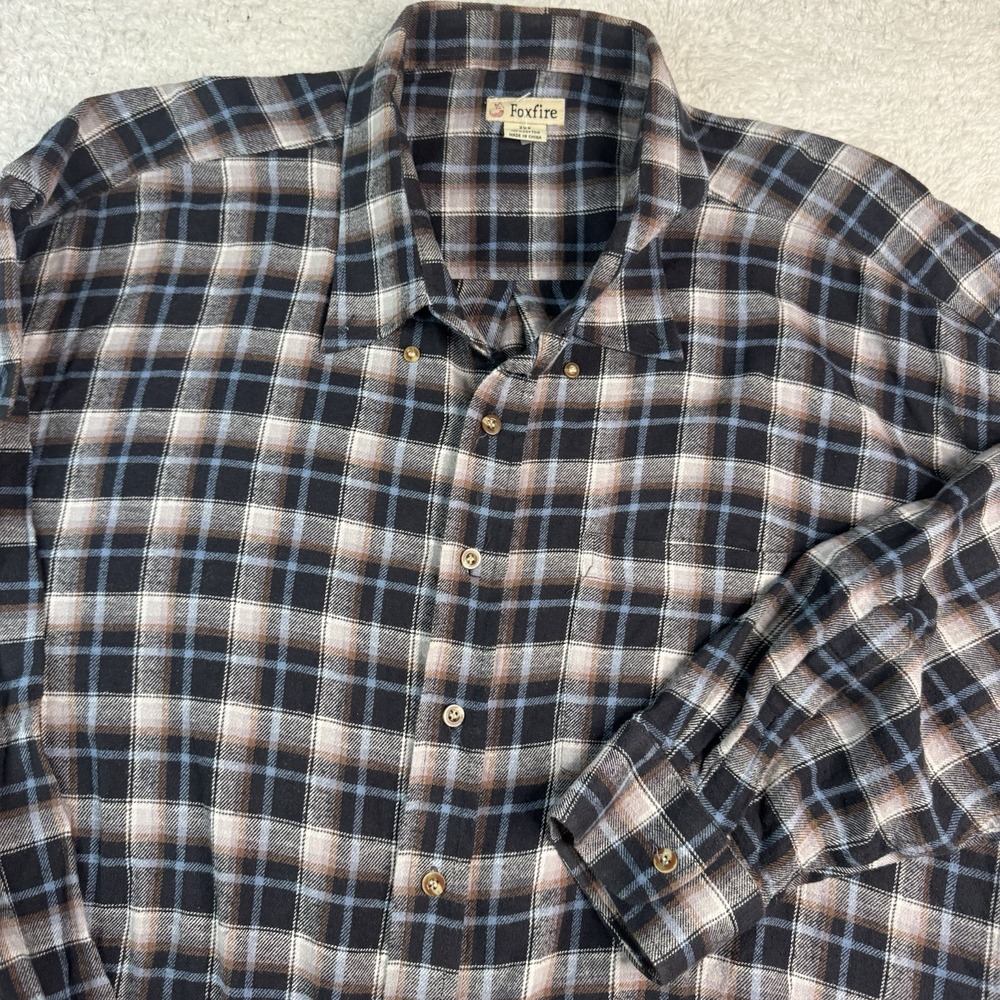Foxfire Plaid Button Down Shirt Mens 3XL Black Blue Brown Long Sleeve Pocket